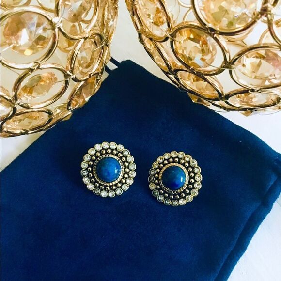 VINTAGE LAPIZ SEMI PRECIUOS STONE EARRINGS - Picture 1 of 4